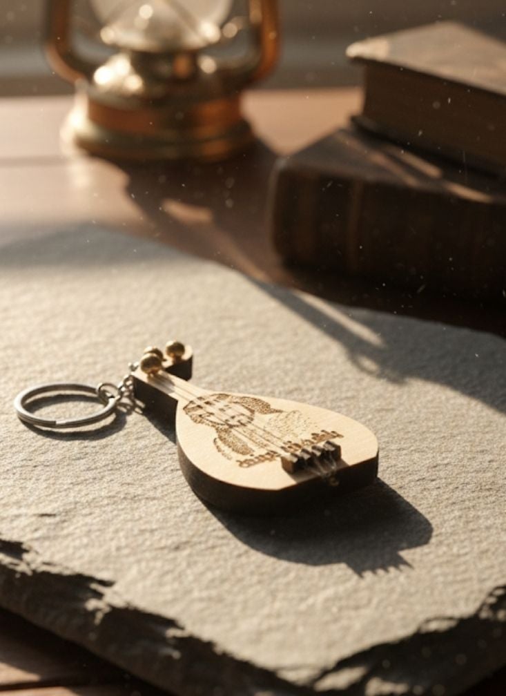 Premium Wooden Oud Keychain with Engraved Image of Mohammed Abdu – Traditional Saudi Music Souvenir - Image 2